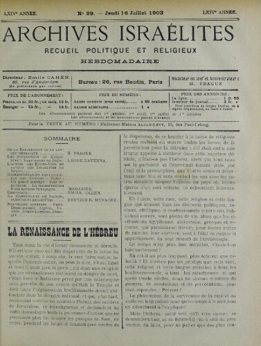 Archives israélites de France. Vol.64 N°29 (16 juil. 1903)